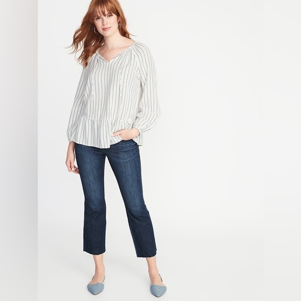 Old Navy White & Blue Striped Boho Peasant Blouse